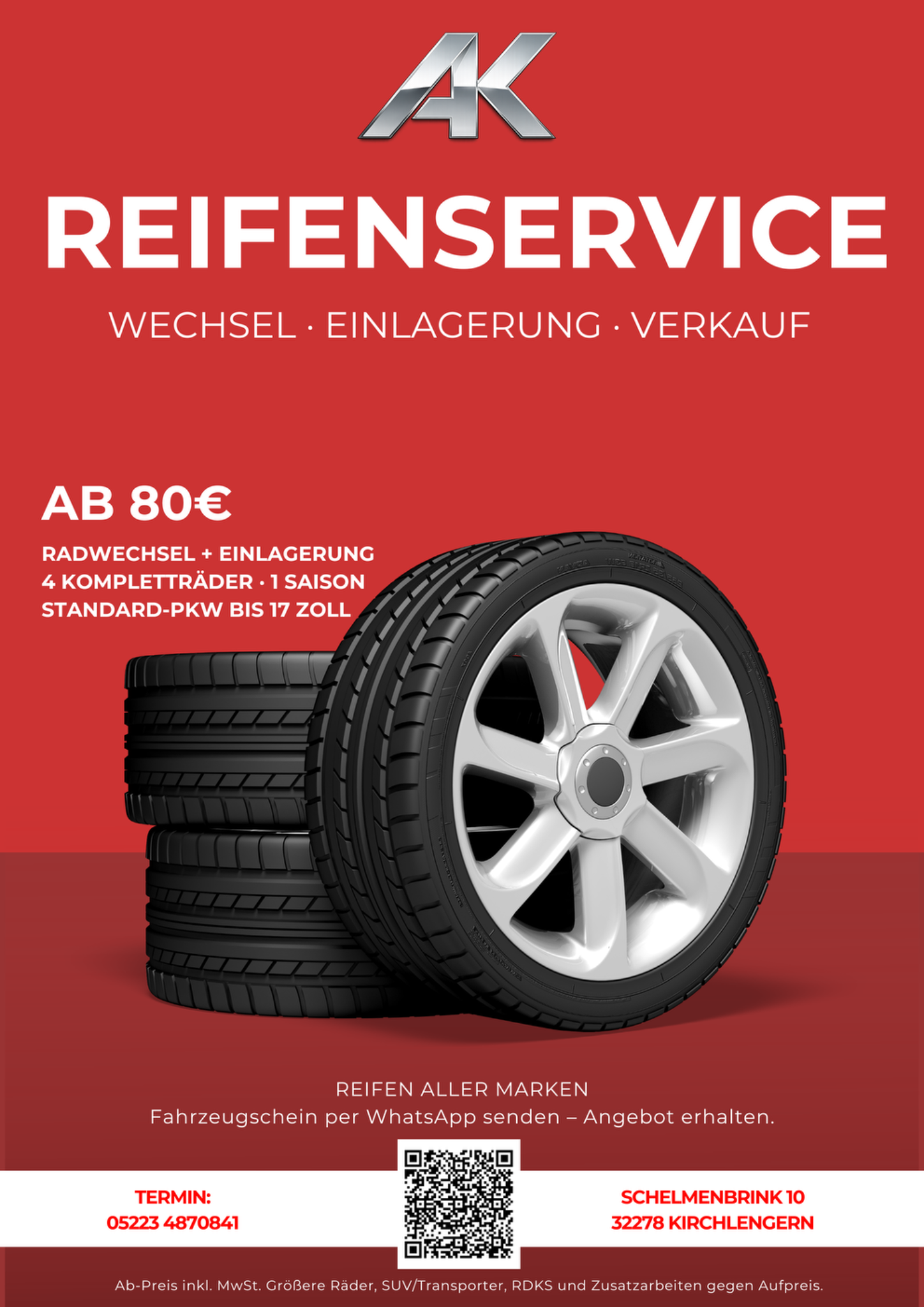 AK Reifenservice Poster mit Radwechsel und Einlagerung ab 80 Euro