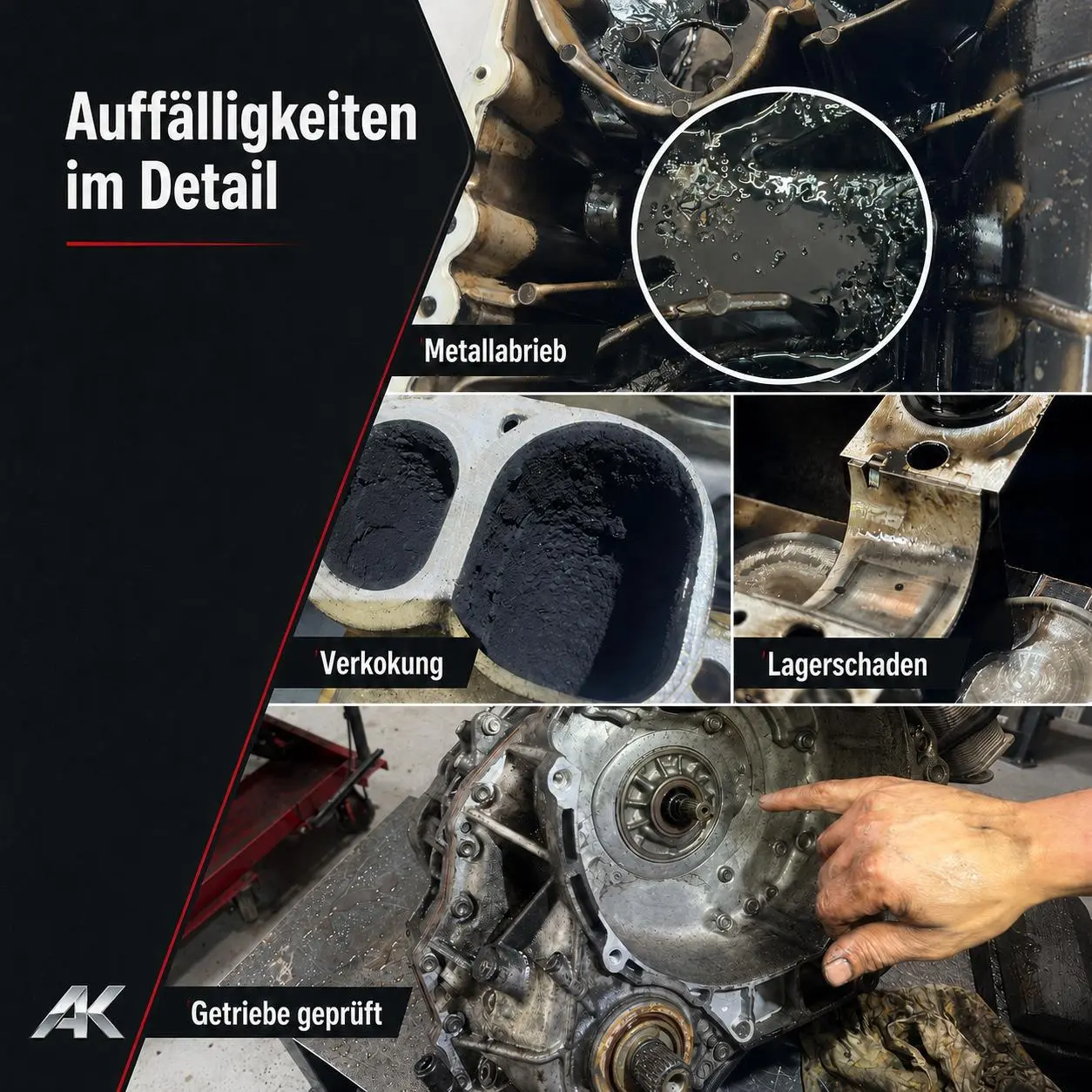 Dokumentierte Motorschäden mit Metallabrieb, Verkokung und Lagerschaden